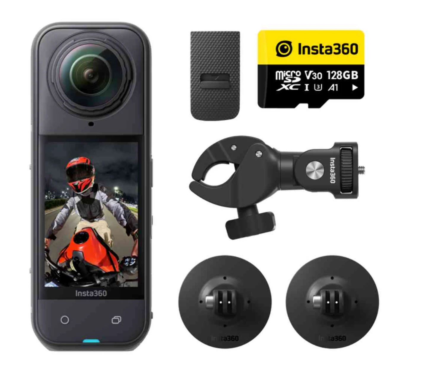 Vsebina paketa Insta360 X5 Motorcycle Bundle s kartico, objemko in nosilci