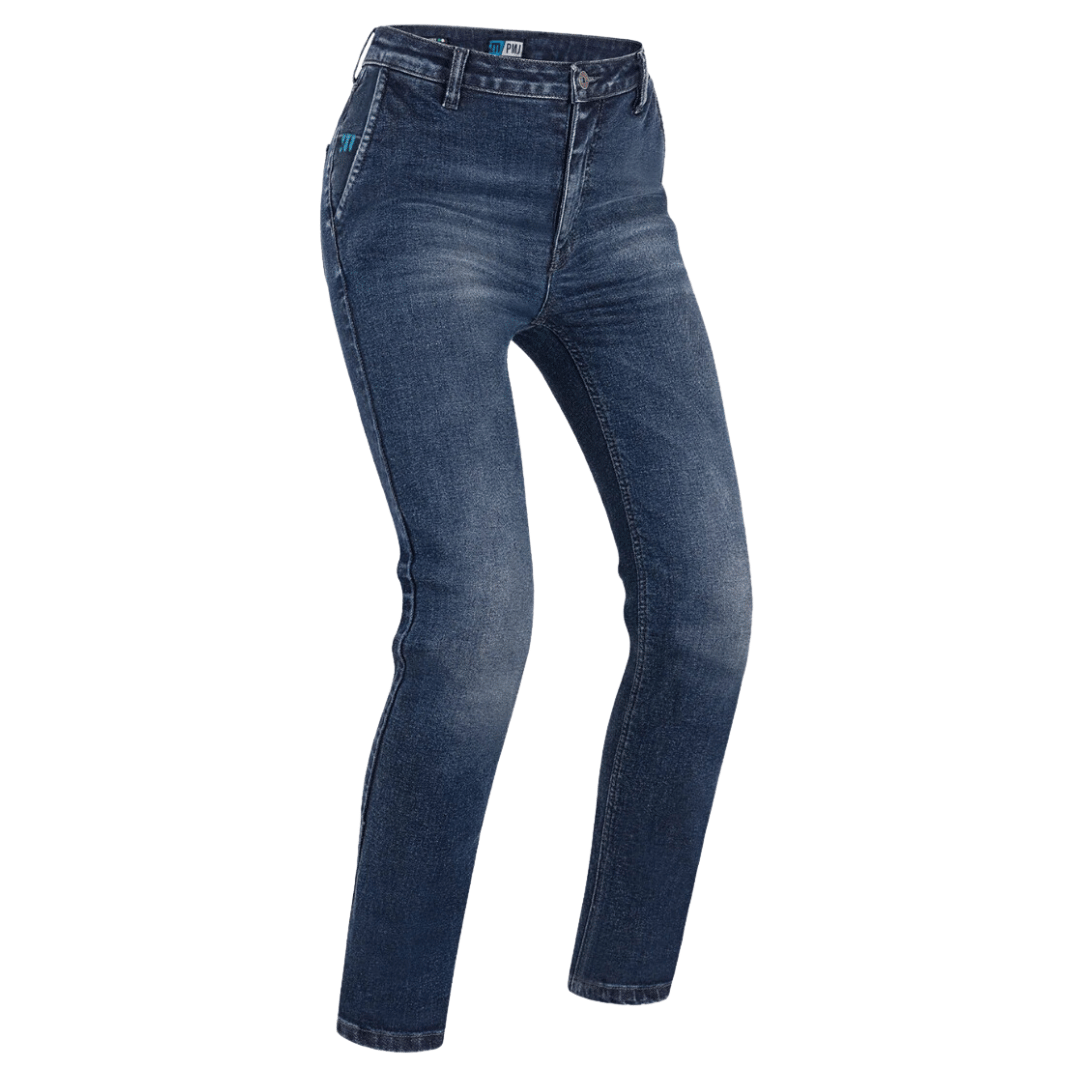 PMJ Victoria Modre - motoristične jeans hlače z eleganco in funkcionalnostjo.